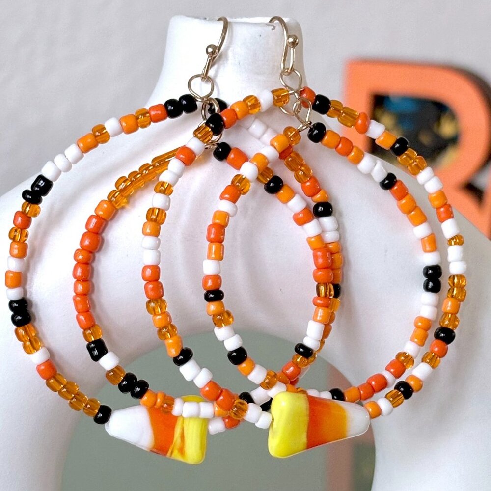 2 3/4" Halloween Orange Black Candy Corn Beaded Double Circles Dangle Earrings
